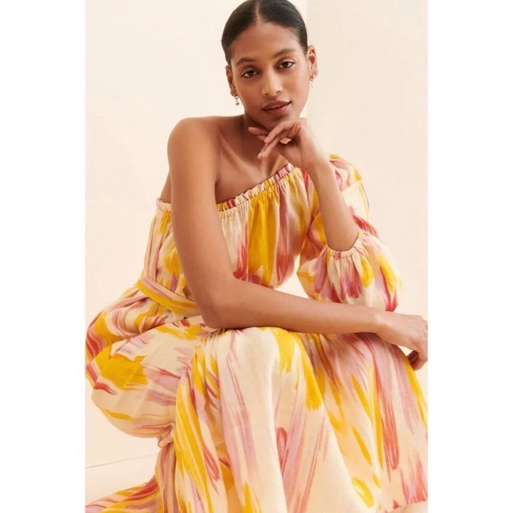 Anthropologie X Little Lie Costa Rica One Shoulder 10% Linen MIDI‎ Dress Size S